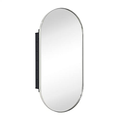 Brushed Nickel Oval Recessed Bathroom Medicine Cabinet with Mirror Stainless Steel Metal Framed Oblong Pill Shaped Bathroom Cabinet with Mirror 16x33'' - color: Brushed Nickel