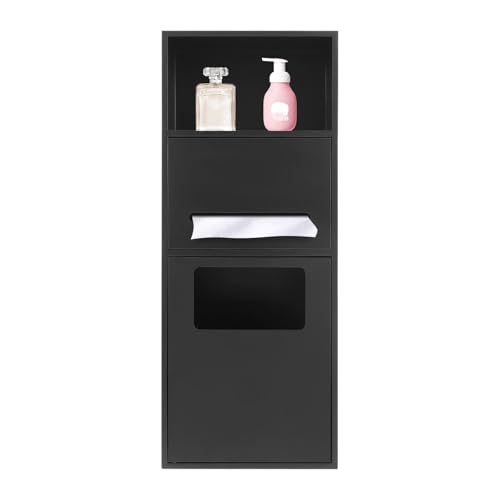 Recessed Stainless Steel Toilet Paper Holder, In-Wall Waterproof Bathroom Organizer with Trash Bin, Toilet Paper Toiletries Storage Rack 10.5 x 27 x 5.3 inches (Black) - color: Black
