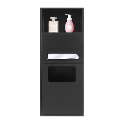 Recessed Stainless Steel Toilet Paper Holder, In-Wall Waterproof Bathroom Organizer with Trash Bin, Toilet Paper Toiletries Storage Rack 10.5 x 27 x 5.3 inches (Black) - color: Black