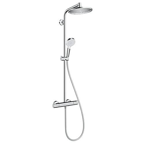 Hansgrohe Crometta S - Thermostat Shower System With Rainfall Head (⌀ 240 mm), Hand Shower (1 Spray), Hose, Rail and Round Head (1 Spray), Chrome, 27268000 - size: with thermostat, style: 1 spray mode + EcoSmart water saving