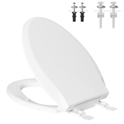 Hibbent Elongated Toilet Seat with Oval Cover, Soft Close Toilet Seat, Easy to Install,Never Loosen Hinge to Prevent Shifting, Non-slip Seat Bumpers and Easily Cleaning(White) - style: Standard Elongated 18.5"