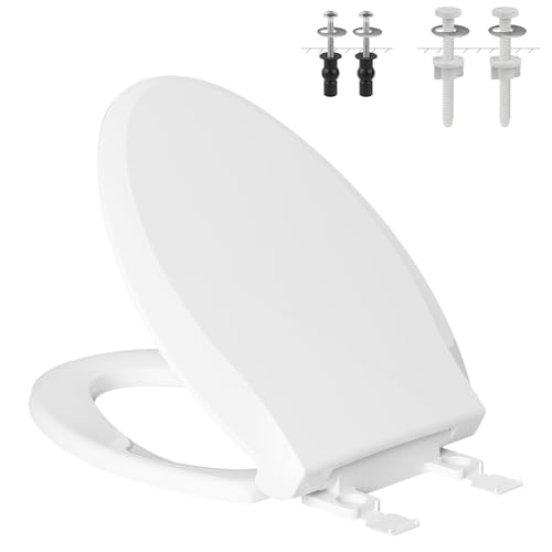 Hibbent Elongated Toilet Seat with Oval Cover, Soft Close Toilet Seat, Easy to Install,Never Loosen Hinge to Prevent Shifting, Non-slip Seat Bumpers and Easily Cleaning(White) - style: Standard Elongated 18.5"