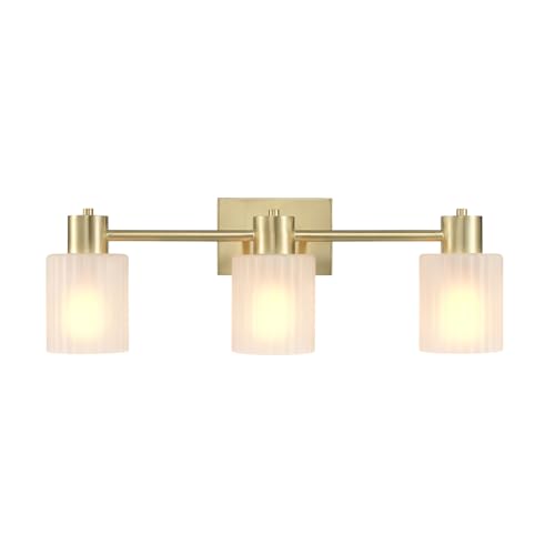 Globe Electric 3-Light Vanity Light, Matte Brass, Frosted Ribbed Glass Shades - color: Matte Brass, Frosted Ribbed Glass