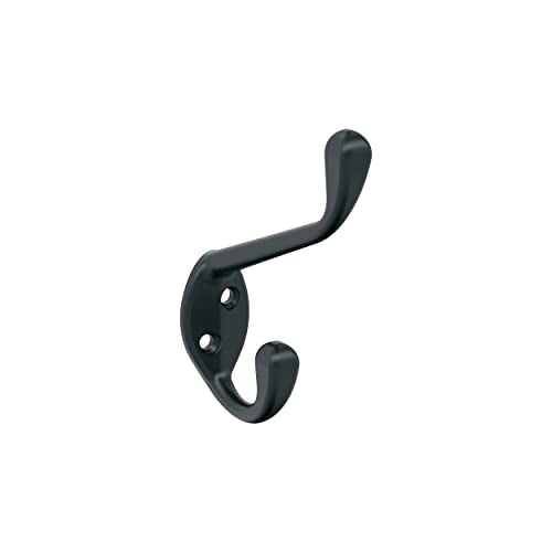 Amerock Noble Double Prong Matte Black Wall-Mounted Hook | Decorative wall hook in durable zinc construction for coats, hats, bags, towels, and everyday organization - color: Matte Black, size: Double Prong (Pack of 1)