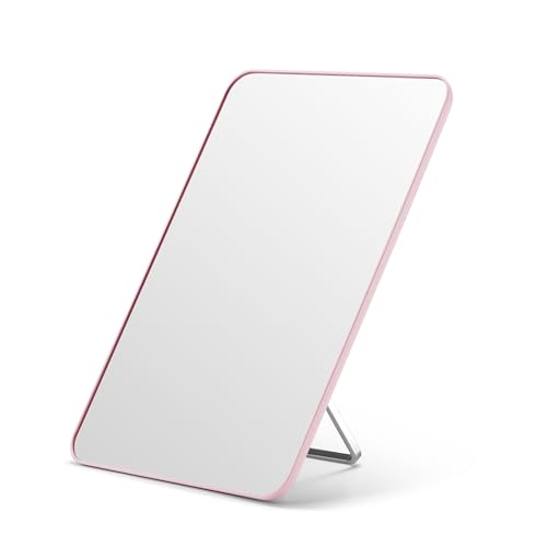 OMIRO 10 x 7 in Desk Makeup Mirror with Stand and Hanging Hole, Pink | Table Mirror with Foldable Bracket, Shaving and Travel, Portable Mirror for Men and Women, Distortion-Free Reflection - color: Pink, size: 10"L x 7"W