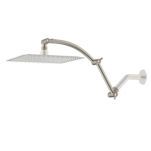 Hibbent Shower Head Extension Arm,16" Solid Brass Adjustable Extender with Lock Joint, Standard 1/2", Rise or Lower Rainfall and Fixed Shower Head,Height/Angle Adjustable Extension Arm, Brushed Nickel | Solid Brass Adjustable Shower Arm with Lock Joint, F