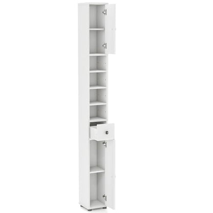 Tall Bathroom Storage Cabinet, 71’’ Slim Linen Tower Organizer with 2 Doors, 5 Adjustable Shelves & 1 Drawer, Narrow Floor Freestanding Bathroom Cabinet for Small Spaces (White)