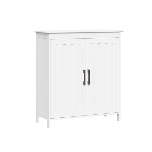 RiverRidge Monroe Two-Door Bathroom Floor Storage Cabinet - White | Linen Cabinet with Adjustable Interior Shelf and Soft Close Hinges, Matte Black Handles