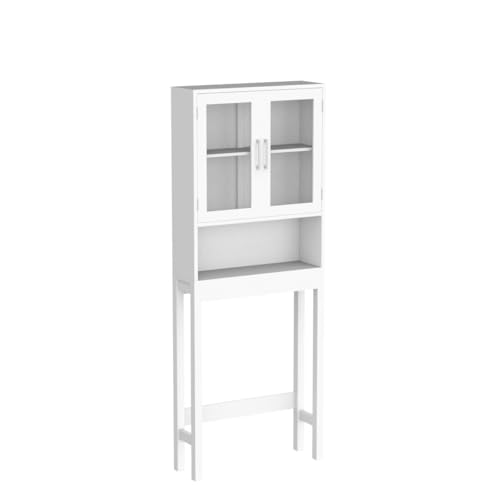 Giantex Over-The-Toilet Storage Cabinet W/Tempered Glass Doors, 3-Position Adjustable Shelf, Open Center Area, Anti-Tilt Design for Most Toilets Freestanding Bathroom Space Saver