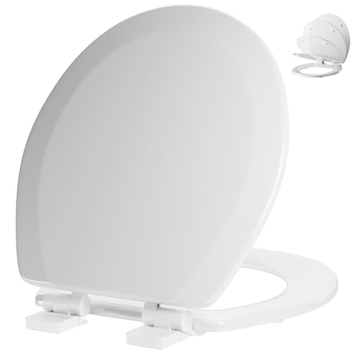 Round Toilet Seat Angol Shiold Quiet-Close Molded Wood Toilet Seat with Non-Slip Adjustable Hinges, Anti-Pinch Bumpers, Easy Install & Clean（White, Round 16.5''） - color: White, size: Round 16.5‘’