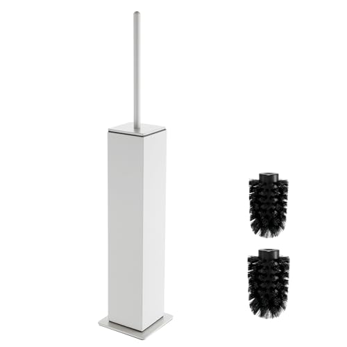 Toilet Brush and Holder Floor Standing, White with 2 Replaceable Heads, Bathroom Toilet Brush, Freestanding Toilet Bowl Brush with Removable Liner and Splash Guard, Modern Square Design - color: White-standing