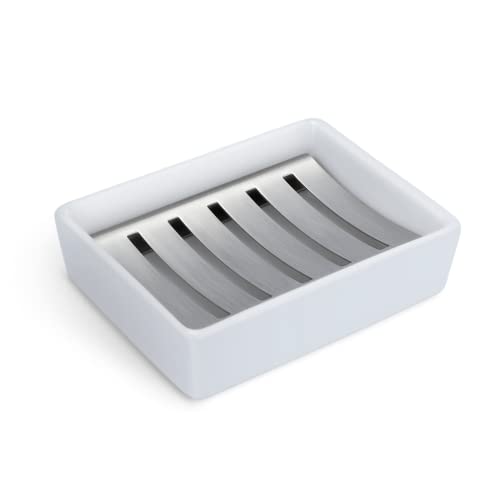 Soap Dish for Bar Soap, Bathroom Soap Holder for Shower, White Ceramic Soap Tray with Stainless Steel Draining Holder