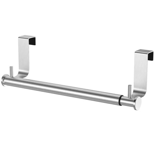 VEHHE Stainless Steel Expandable Towel Rack for Under Cabinet, Adjustable Over the Door Towel Rack with Hanging Hooks for Kitchen Cabinet, Bathroom Sponge Hand Towel Storage, Rust Proof Organizer