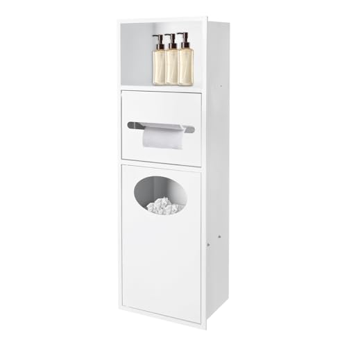 Stainless Steel Shower Niche, 7.9" X 5.3" X 24.8" Recessed Shower Storage Cabinet, 44.09 Lbs Load-Bearing Capacity Wall-Mounted Tissue Paper Roll Rack Dispenser with Trash Can (White) - color: White