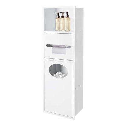 Stainless Steel Shower Niche, 7.9" X 5.3" X 24.8" Recessed Shower Storage Cabinet, 44.09 Lbs Load-Bearing Capacity Wall-Mounted Tissue Paper Roll Rack Dispenser with Trash Can (White) - color: White