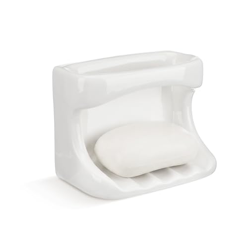 White Ceramic Soap Bar Holder Mid Century Modern Vintage Ceramic Soap Dish Tray Retro Wall Mounted Soaps Saver Tray Container Cloth Washcloth Holder for Shower Countertop Bathroom Kitchen - color: White