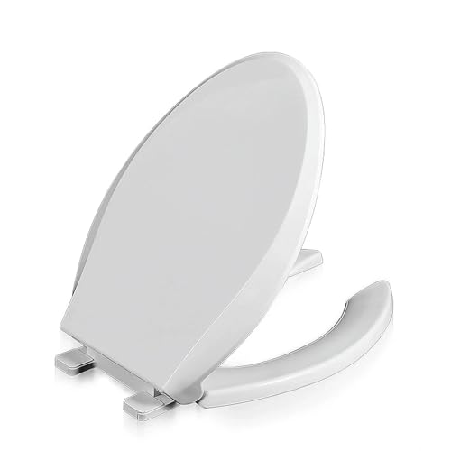 Toilet Seat Elongated Open Front with Soft Close Lid, Quick Release for Easy Clean, Anti-Slip Bumpers, Durable White PP Plastic, Fits Standard Oblong Toilets