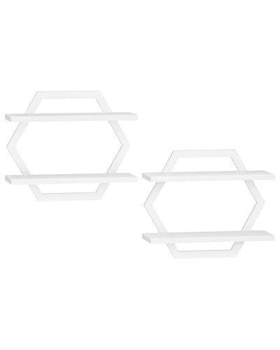 Hexagon Floating Shelves for Wall, Set of 2, 2 -Tier Hanging Shelves, Wall Mounted Storage Shelves, for Living Room, Bedroom, Kitchen, Home Office, Study, White TBJ06P2WB - color: White