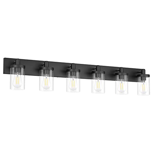 Aipsun 48in Vanity Light Black Bathroom Vanity Lighting Fixtures 6 Light Bathroom Light Fixtures with Clear Glass Shade(Exclude Bulb) - color: Black, size: 6-Light