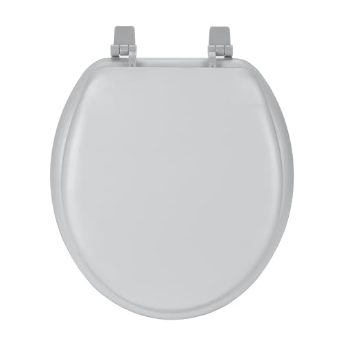 PowerSellerUSA Vinyl Round Toilet Seat, Adjustable Hinges Toilet Seats with Non Slip Grip Tight Bumpers, Standard Heavy Duty Plastic Bathroom Toilet Seat Close Lid Set, Silver - color: Silver - Vinyl, size: 17" Standard