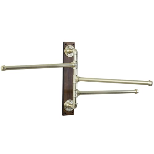 MyGift Swivel Towel Rack, Wood Towel Bar Holder with 3 Tier Industrial Metal Pipe, Wall Mount Towel Hanger Storage for Bathroom, Kitchen, Pool Outdoor (Brass) - color: Brass Tone