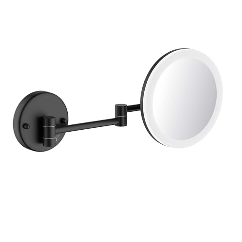 KIBI LED Wall Mount Makeup Mirror, 5X Magnification, One-Sided, Circular Lighted Mirror with Adjustable Arm | Magnifying Vanity Mirror with Light for Bathroom or Bedroom (Matte Black, KMM102) - color: Matte Black