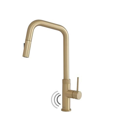 Stylish Touchless Kitchen Faucet with Pull Down Sprayer Single Lever Handle Dual Function Stainless Steel Kitchen Sink Faucet with Ceramic Cartridge and Aerator Brushed Gold Finish, K-150GM - color: Brushed Gold
