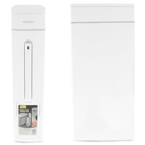 Bathroom Trash Can and Toilet Brush Set, Narrow Slim Can With Pop-up Lid, Modern White Mini Rectangular Bin for Limited Small Space