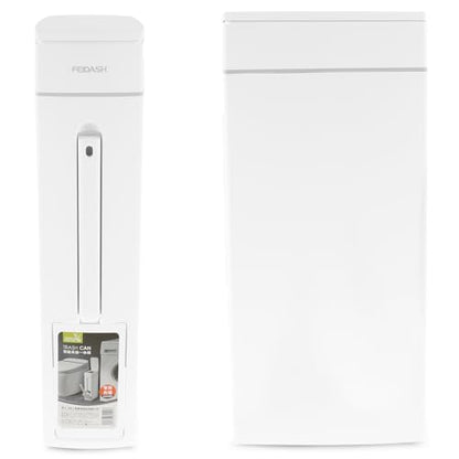 Bathroom Trash Can and Toilet Brush Set, Narrow Slim Can With Pop-up Lid, Modern White Mini Rectangular Bin for Limited Small Space