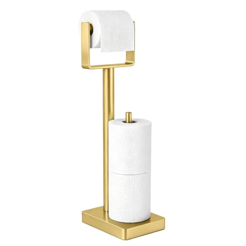 YUMORE Toilet Paper Holder with Storage & Weighted Base, Brushed Gold | Freestanding Stainless Steel Paper Holder with Spring-Loaded Roll Arm for Bathroom - color: Brushed Gold, size: Storage Style