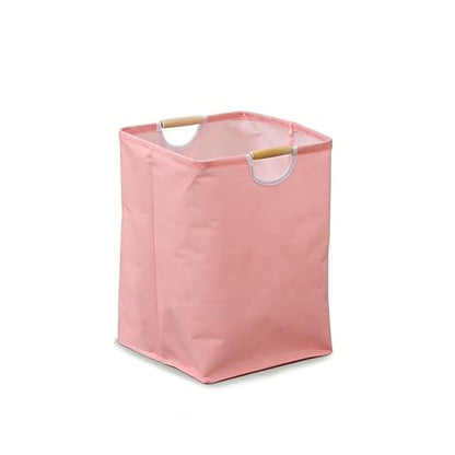 Collapsible Laundry Hamper Bag with Wooden Handles - 36L/8 Gallon Capacity Waterproof Oxford Cloth Storage Basket, Freestanding No Wire Frame, for Dorm Room, Bedroom, Bathroom (Small-Pink) - size: Small-Pink
