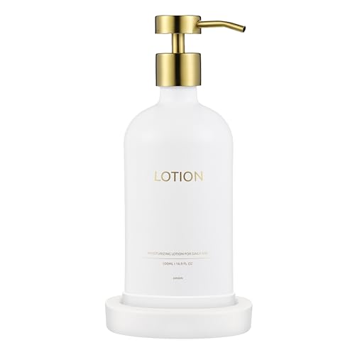 Glass Soap Dispenser Bathroom Set by Janxin, Foaming Kitchen soap Dispenser with Ceramic Tray for Dish Soap, Liquid Soap Dispenser for Hand Soap, Lotion, Body Wash (White+Gold) - color: White Gold L