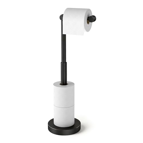 YUMORE Toilet Paper Holder Stand, 25" 4.5lbs Heavy Duty Freestanding Roll Dispenser with Storage, Open-Ring Stainless Steel Bathroom Tissue Organizer (Black) - color: Black