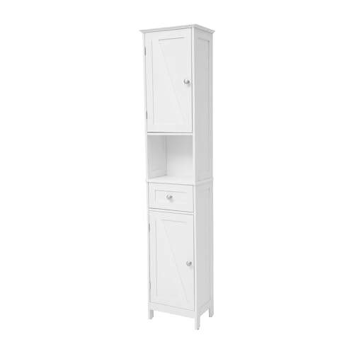 Flash Furniture Freestanding Bathroom Linen Tower Storage Cabinet, White | Farmhouse, Magnetic Close Doors, 2 Adjustable Shelves, Open Display Shelf - color: White
