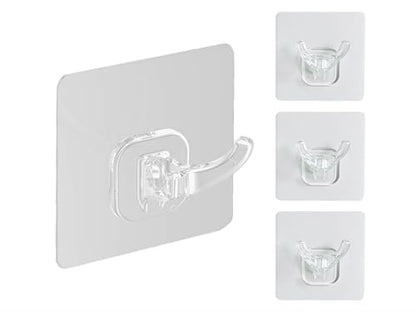 Waterproof Adhesive Wall Hooks – Double Hook Bathroom Hanger for Shower, Kitchen, RV – No Drill Plastic Hooks for Razors, Loofahs, Towels – 4 Pack – Sandra Series