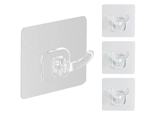 Waterproof Adhesive Wall Hooks – Double Hook Bathroom Hanger for Shower, Kitchen, RV – No Drill Plastic Hooks for Razors, Loofahs, Towels – 4 Pack – Sandra Series