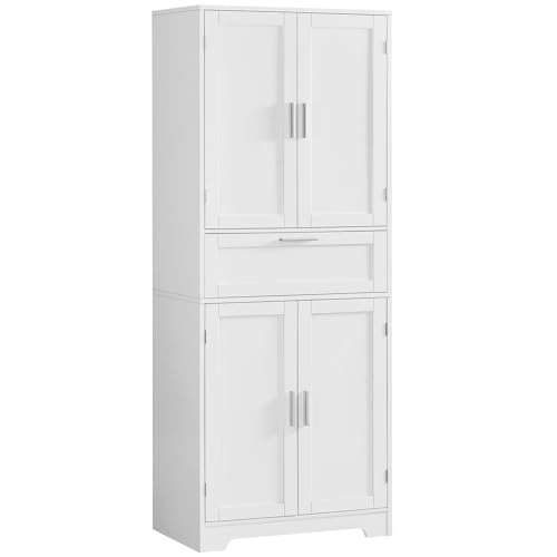 Iwell 67" Tall Storage Cabinet, Rattan Cabinet with 2 Adjustable Shelves & Large Drawer, Pantry Cabinets for Kitchen, Living Room, Home Office, Natural | Adjustable Shelf - color: White-4 Doors, size: 11.8"D