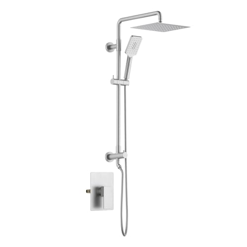 KIBI Cube 2-Function Rain Shower Column, Solid Brass, Brushed Nickel | 10in Rain Head Plus 3-Mode Handheld, Height-Adjustable, Brass Rough-in Valve, Pressure Balance, Wall-Mounted, KSC404 - color: Brushed Nickel