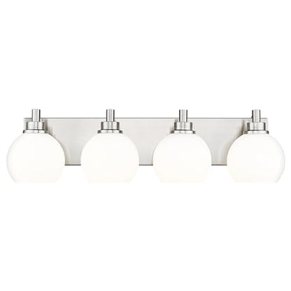 4-Light Brushed Nickel Bathroom Vanity Light, Milk Glass Globe Shade | 26" modern bathroom light fixtures over mirror, E26 base, bulbs not included, VL195-BN-ML-4 - color: Brushed Nickel, Milk Glass, size: 4-light