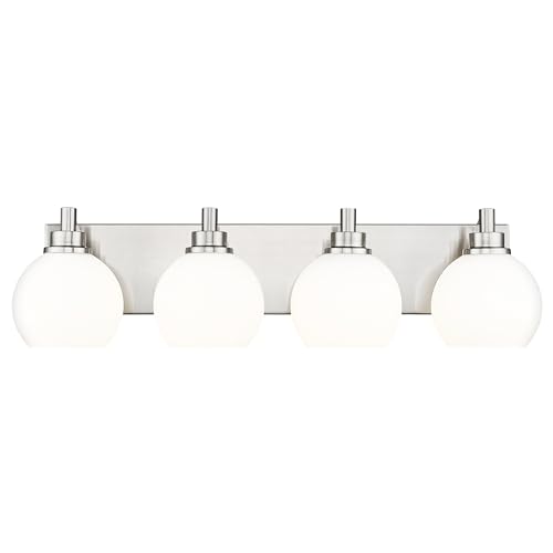 4-Light Brushed Nickel Bathroom Vanity Light, Milk Glass Globe Shade | 26" modern bathroom light fixtures over mirror, E26 base, bulbs not included, VL195-BN-ML-4 - color: Brushed Nickel, Milk Glass, size: 4-light