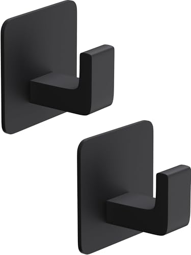 GWAAZXGZ Square Self Adhesive Towel Hooks - 2 Pack Matte Black Metal Hooks | Self-Adhesive, Durable Aluminum, Rust Resistant, Right-Angle Style, Easy Install, Space Saving - color: Black, size: 2 Pack