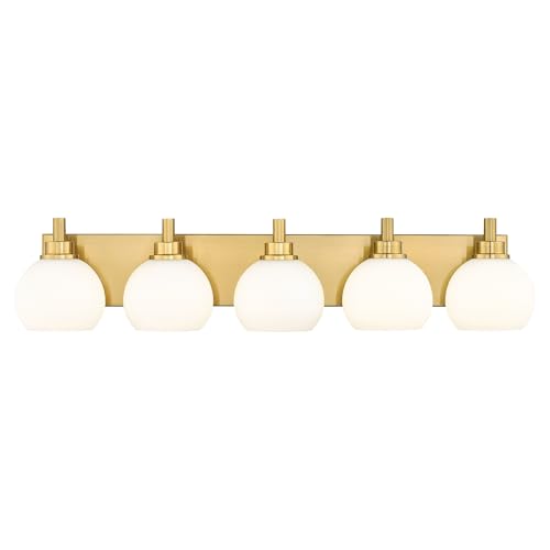 5-Light Brushed Gold Bathroom Vanity Light, Milk White Glass Globes | Ideal for 36-48" mirrors, 32" modern bathroom light fixtures over mirror, E26 base, bulbs not included, VL195-BG-ML-5 - color: Brushed Gold, Milk Glass, size: 5-light
