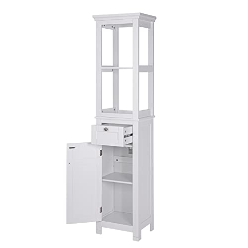 Spirich Bathroom Freestanding Storage Cabinet with Two Tier Open Shelves, Tall Slim Cabinet with Door and Drawer, Floor Linen Tower (White) - color: White