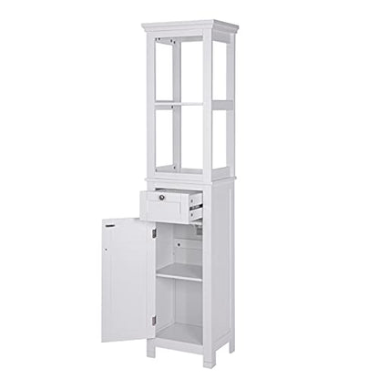 Spirich Bathroom Freestanding Storage Cabinet with Two Tier Open Shelves, Tall Slim Cabinet with Door and Drawer, Floor Linen Tower (White) - color: White