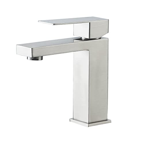 VOTON Brushed Nickel Bathroom Faucets Single Handle Modern Vanity Sink Faucet 1 Hole or 3 Hole with Deck Plate and Water Supply Hoses, Stainless Steel Bathroom Faucet Lead-Free - color: B-Brushed Nickel, style: Without Drain