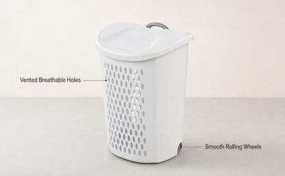 White Plastic Rolling Laundry Hamper with Lid and Ventilated Body | Large Rolling Laundry Hamper with Lid & Telescoping Handle - Portable Plastic Clothes Basket on Wheels for Bedroom