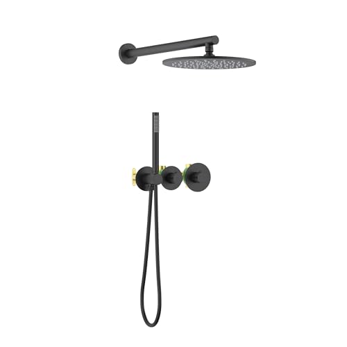 Circular Matte Black Thermostatic Shower System – Rainfall & Handheld Shower Head Set | 2-Function Shower Faucet Set with Rough-In Valve | Solid Brass Build & Temperature Control (KSF410MB) - color: Matte Black