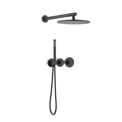 Circular Matte Black Thermostatic Shower System – Rainfall & Handheld Shower Head Set | 2-Function Shower Faucet Set with Rough-In Valve | Solid Brass Build & Temperature Control (KSF410MB) - color: Matte Black