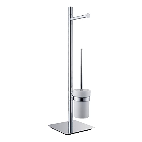 Freestanding Toilet Brush and Paper Holder Set Superior Hotel Luxury Style Join Roll Paper and Toilet Brush Non-Skid Sturdy Floor Stand Brass Chrome with White Ceramic Cup - color: Brass Toilet Brush and Roll Paper Holder Set