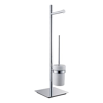 Freestanding Toilet Brush and Paper Holder Set Superior Hotel Luxury Style Join Roll Paper and Toilet Brush Non-Skid Sturdy Floor Stand Brass Chrome with White Ceramic Cup - color: Brass Toilet Brush and Roll Paper Holder Set